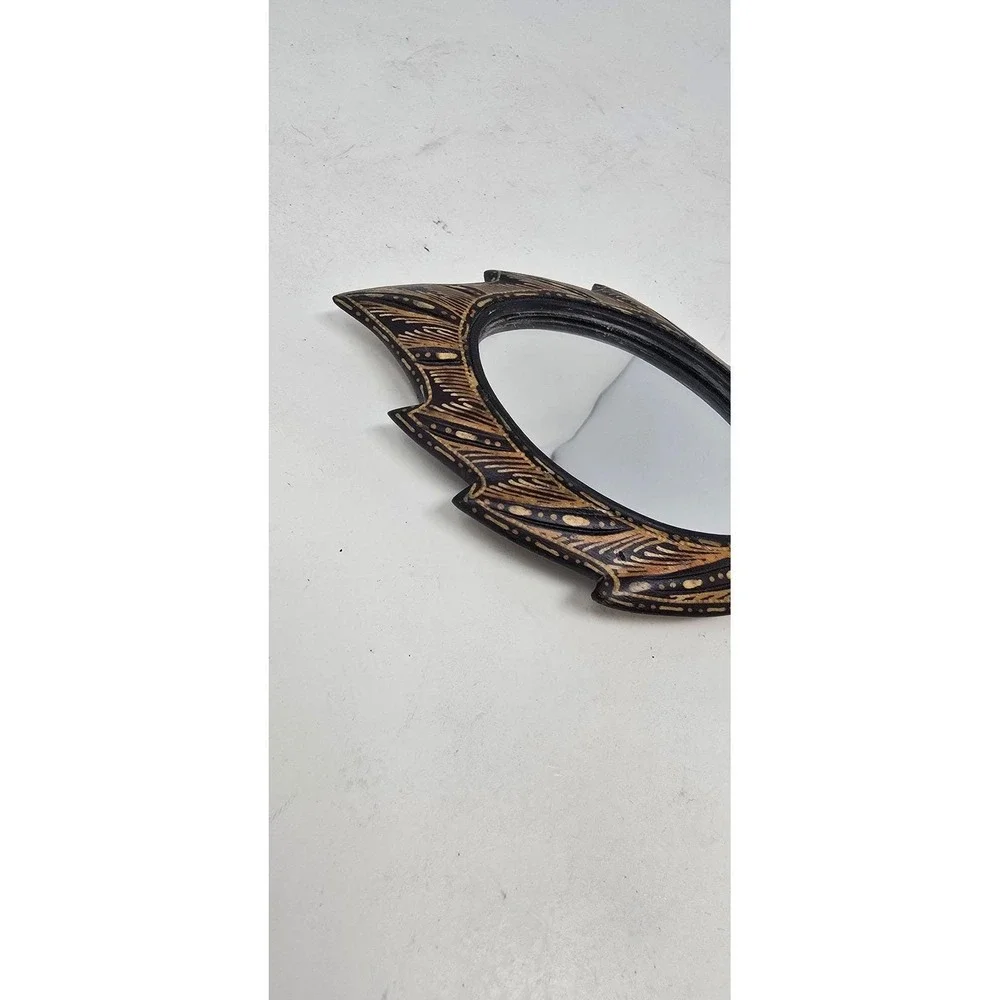 Vtg handheld mirror carved wood Asia Africa tribal earthy boho‎ hippie folk art